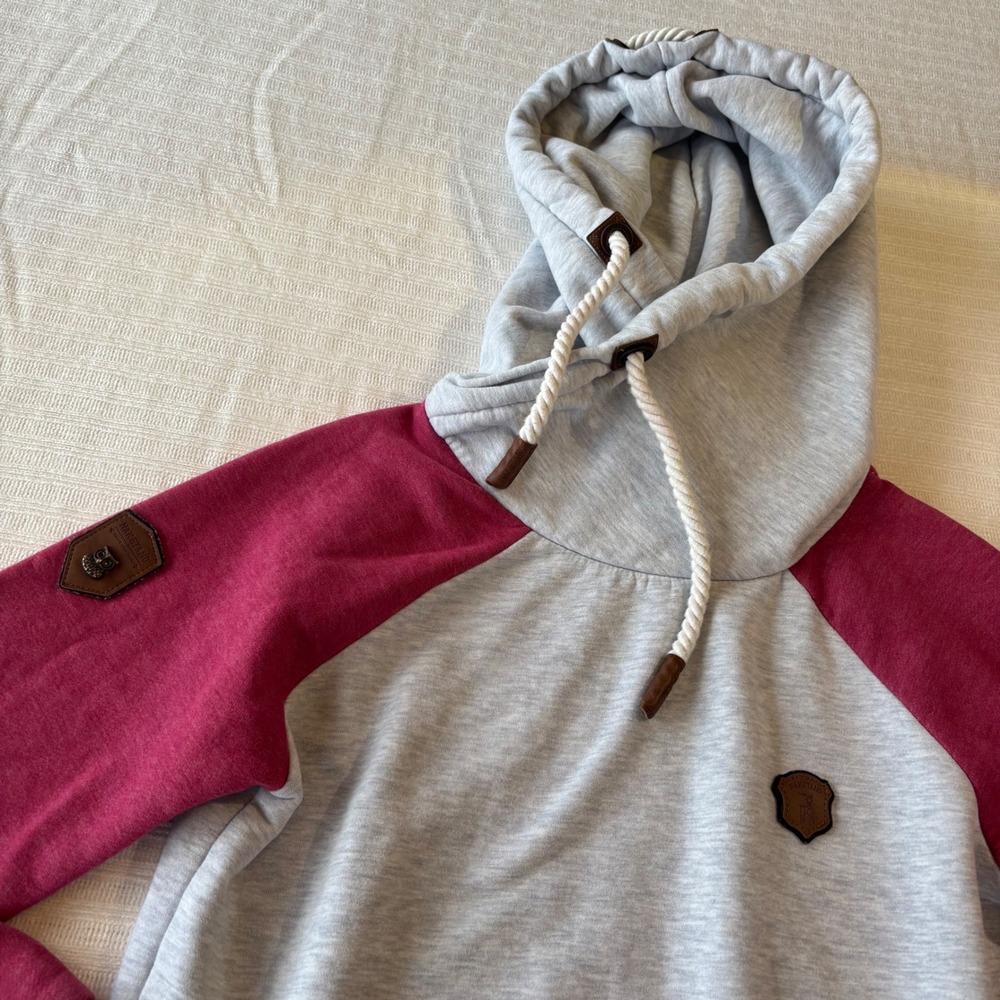 Naketano Brave New Word Hoodie Gray Burgundy Colorblock Cowl Neck Pullover Women
